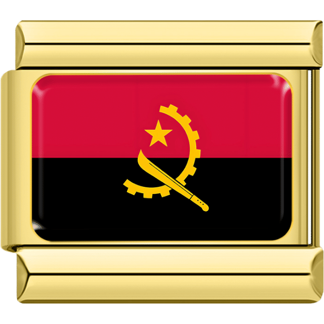 Gold rectangular Italian charm bracelet link featuring the flag of Angola, with horizontal stripes of red and black and a yellow emblem of a star, gear, and machete.